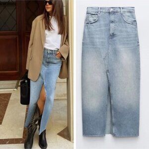 ZARA denim skirt with front slit lyocell blend blogger favorite